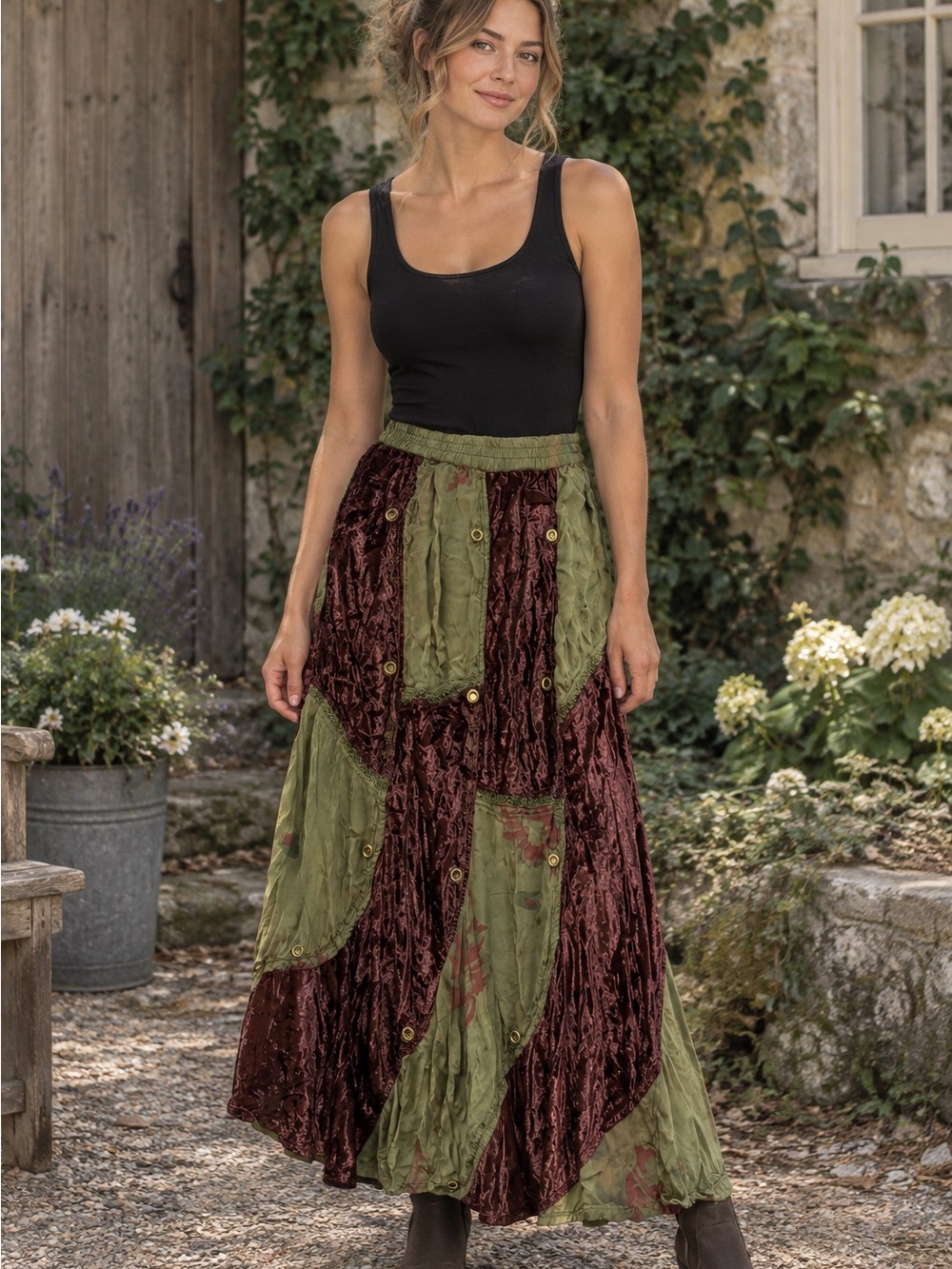 Unique Burgundy Velvet & Olive Patchwork Maxi Skirt Boho Festival Seam to mend